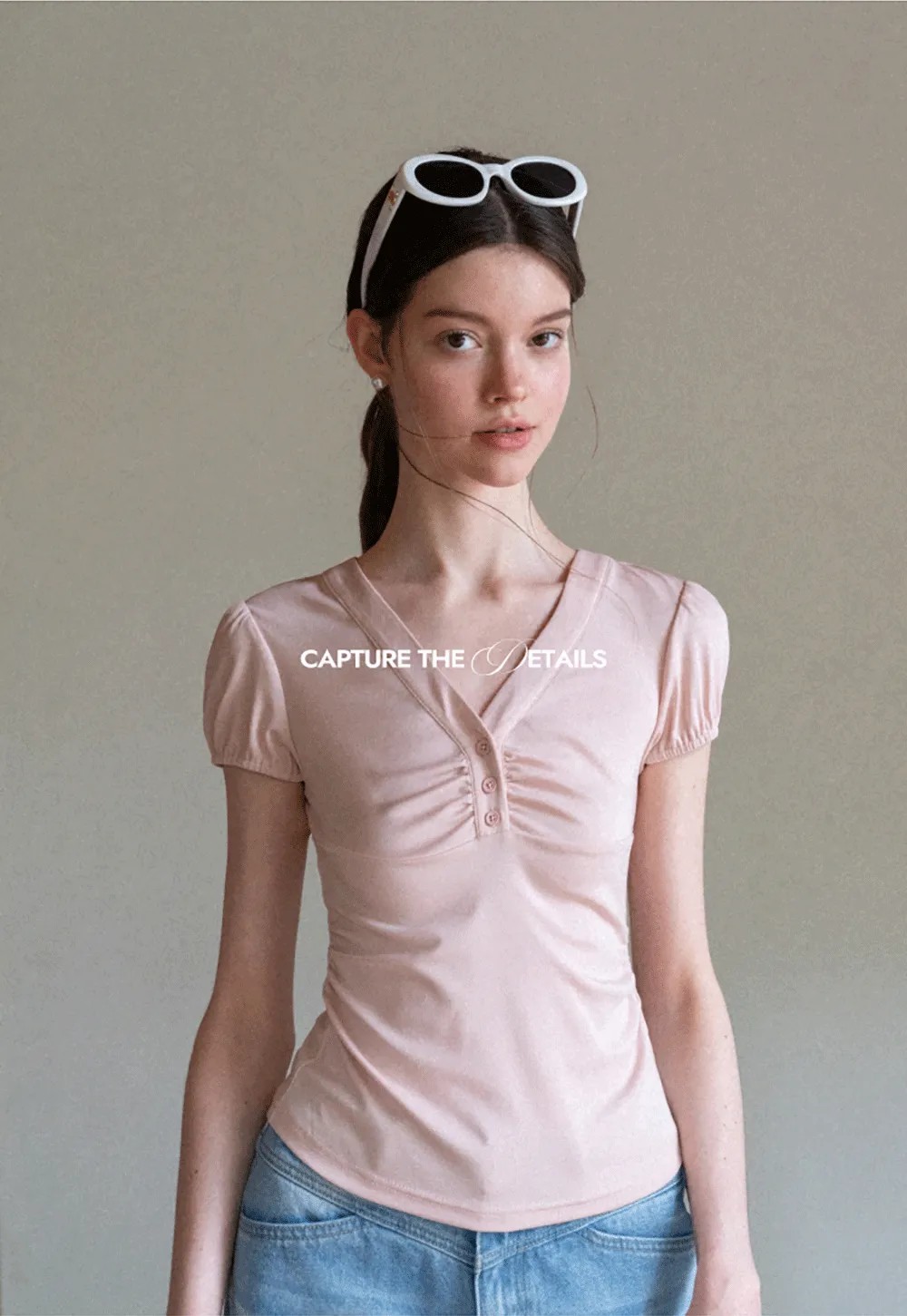 V Neck Puff Sleeve Fitted T Shirt