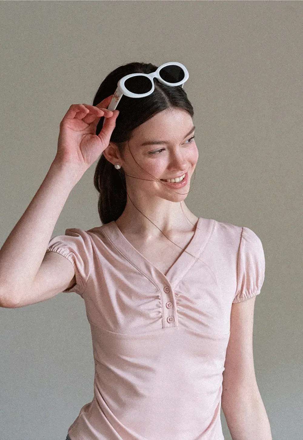 V Neck Puff Sleeve Fitted T Shirt