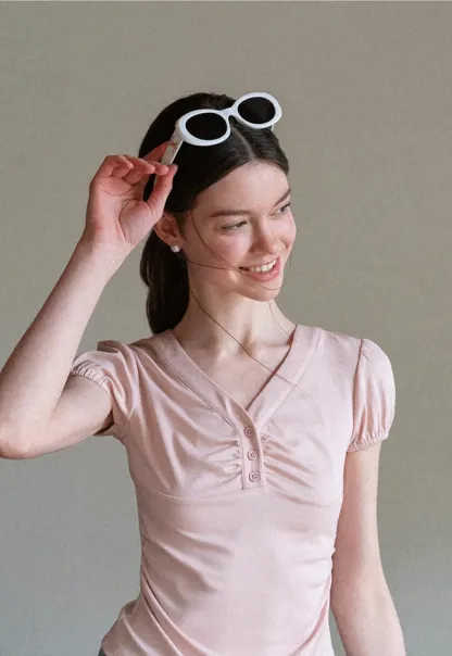 V Neck Puff Sleeve Fitted T Shirt