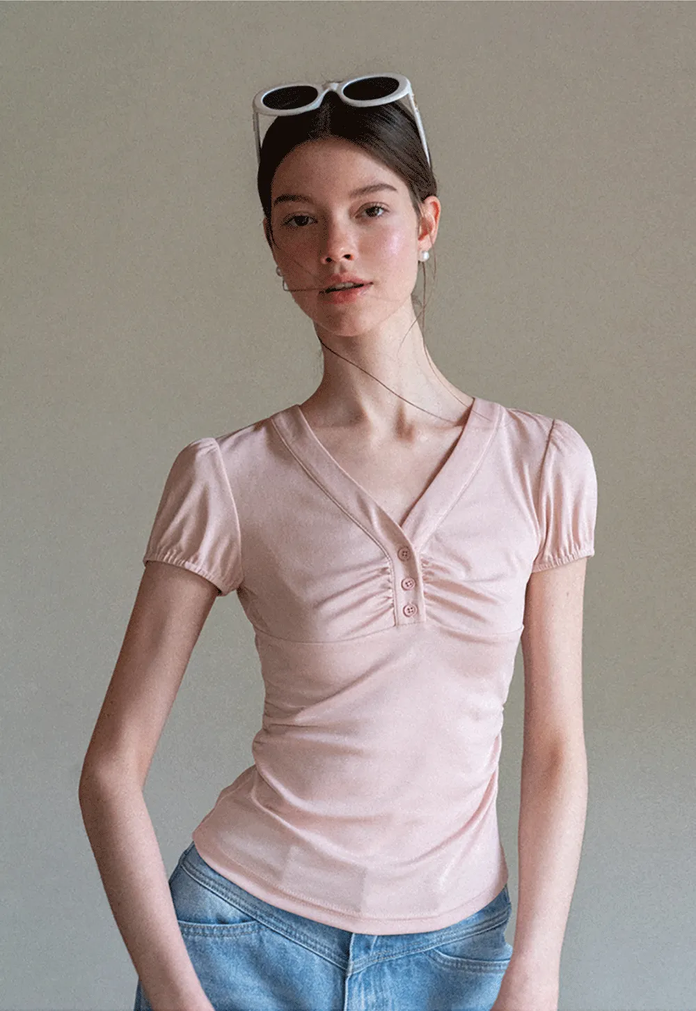 V Neck Puff Sleeve Fitted T Shirt