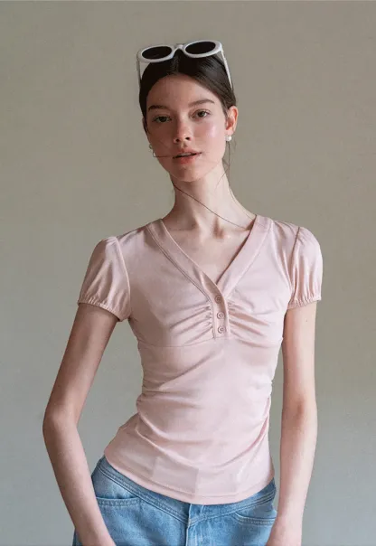 V Neck Puff Sleeve Fitted T Shirt