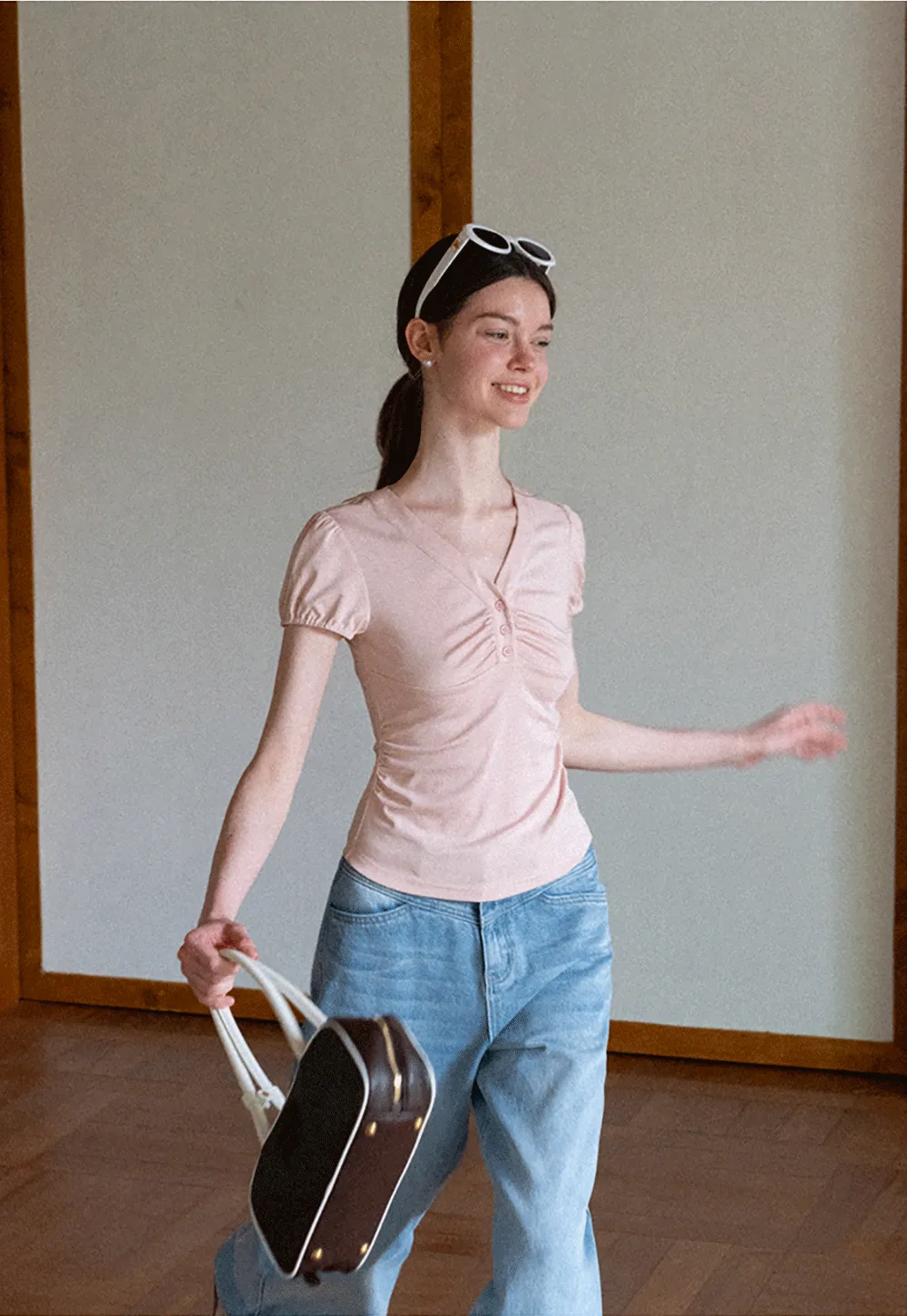 V Neck Puff Sleeve Fitted T Shirt