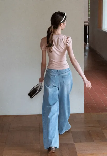 V Neck Puff Sleeve Fitted T Shirt