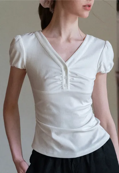V Neck Puff Sleeve Fitted T Shirt
