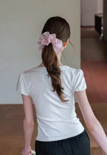 V Neck Puff Sleeve Fitted T Shirt