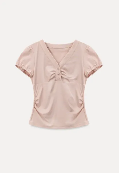 V Neck Puff Sleeve Fitted T Shirt