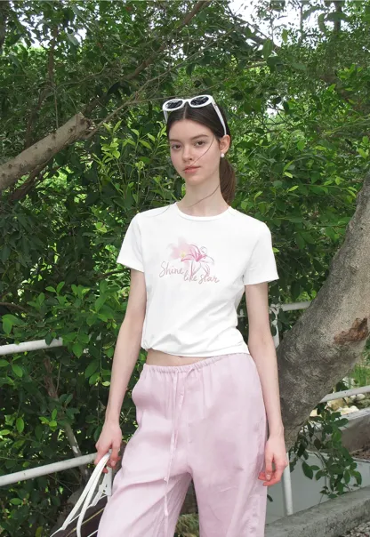 Floral Embroidery Crewneck Short Sleeve T Shirt