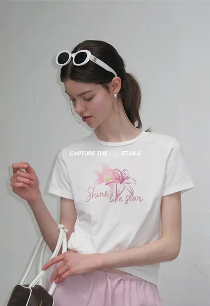Floral Embroidery Crewneck Short Sleeve T Shirt