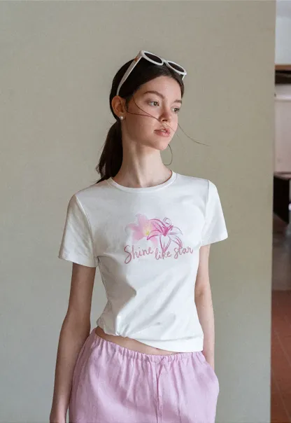 Floral Embroidery Crewneck Short Sleeve T Shirt