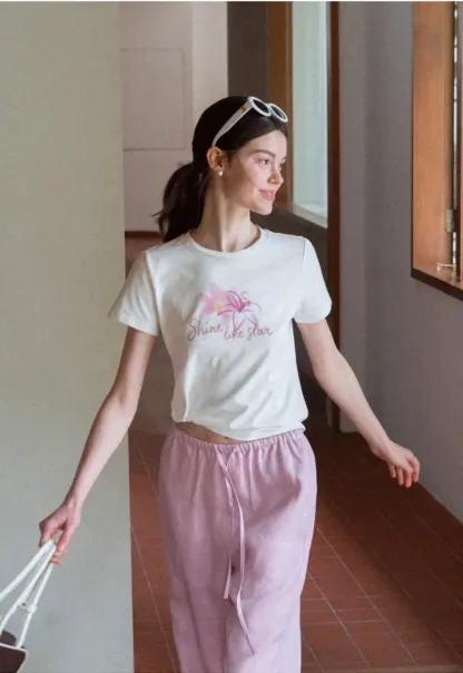 Floral Embroidery Crewneck Short Sleeve T Shirt