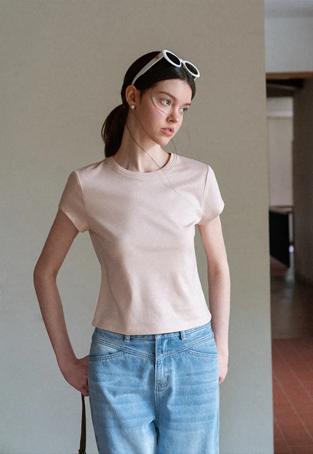 Cropped Sleeve Round Neck T Shirt