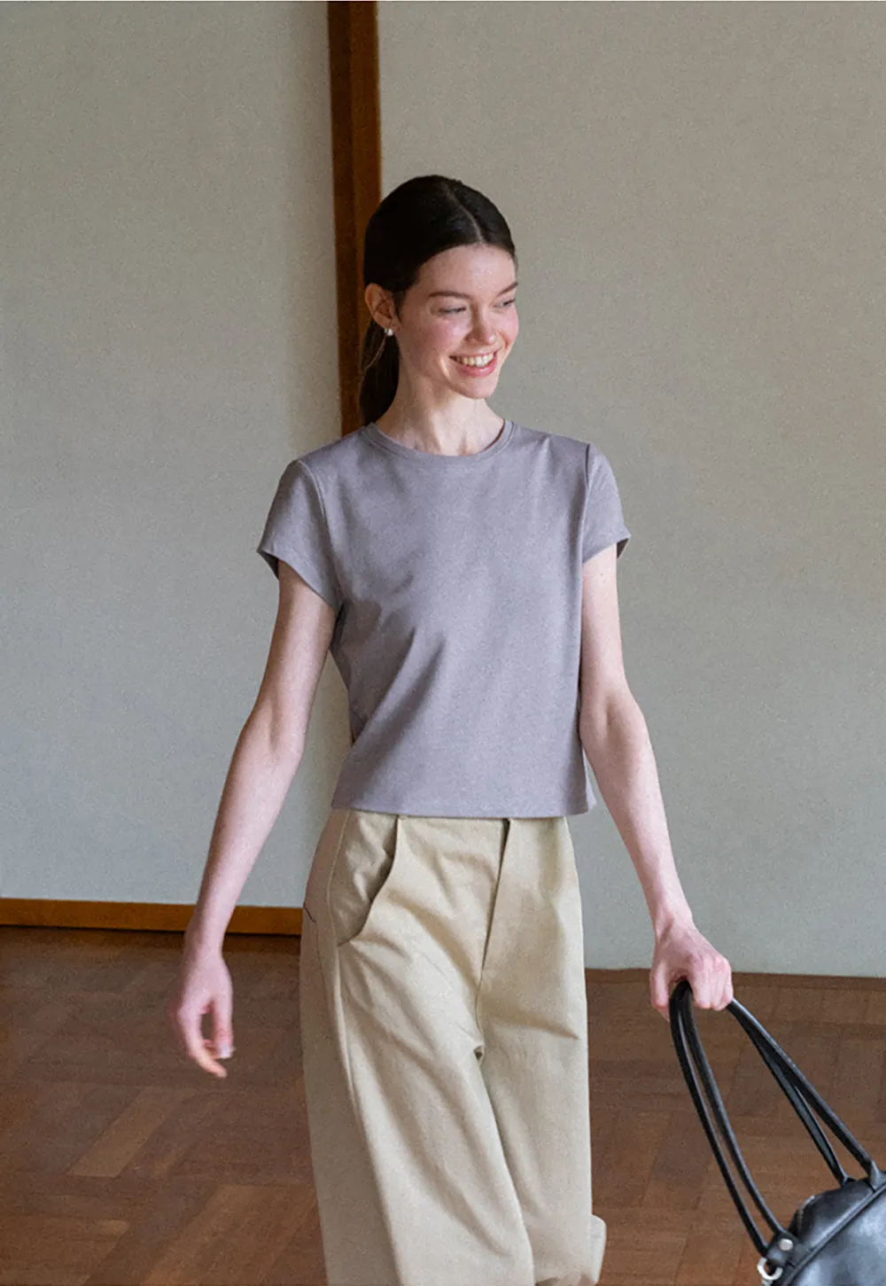 Cropped Sleeve Round Neck T Shirt