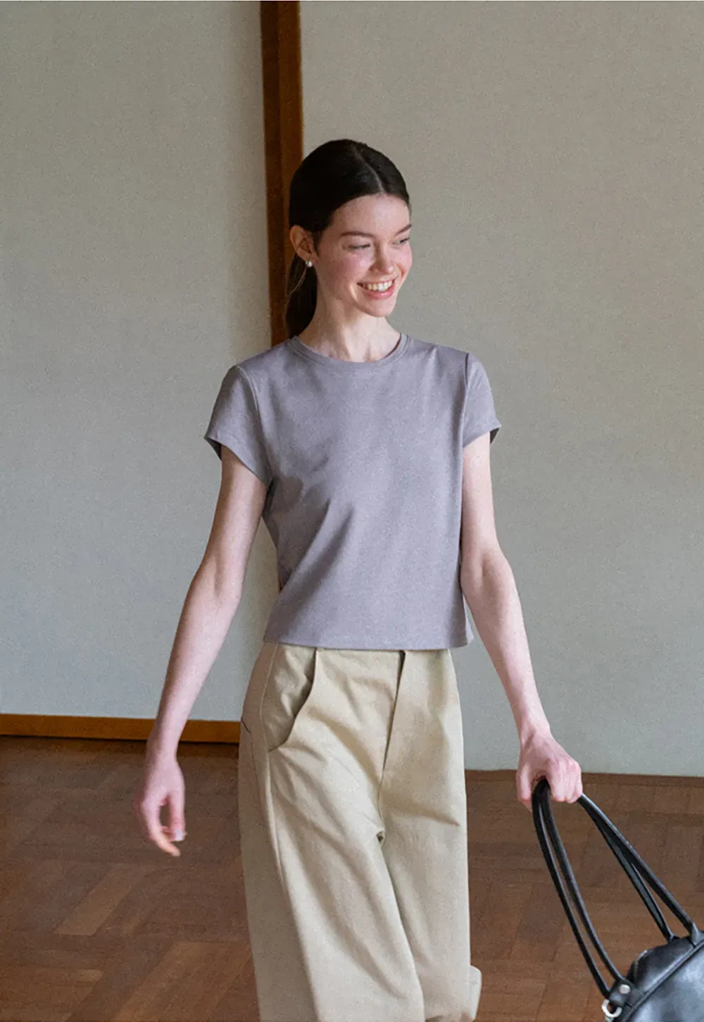 Cropped Sleeve Round Neck T Shirt