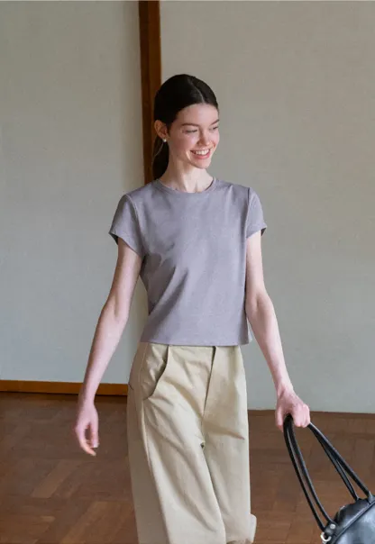 Cropped Sleeve Round Neck T Shirt