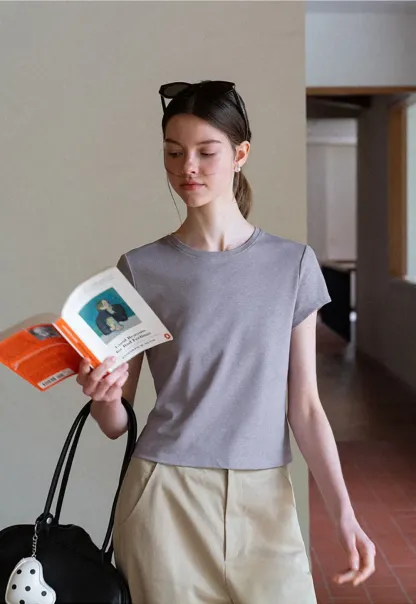 Cropped Sleeve Round Neck T Shirt