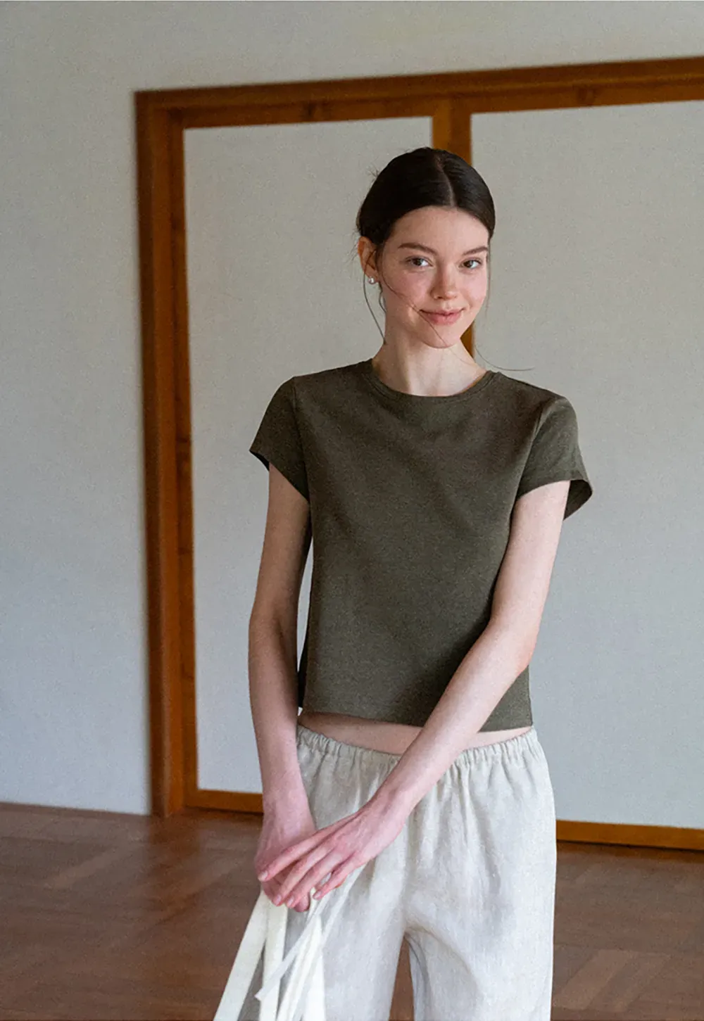 Cropped Sleeve Round Neck T Shirt