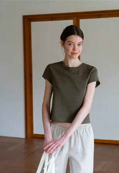 Cropped Sleeve Round Neck T Shirt