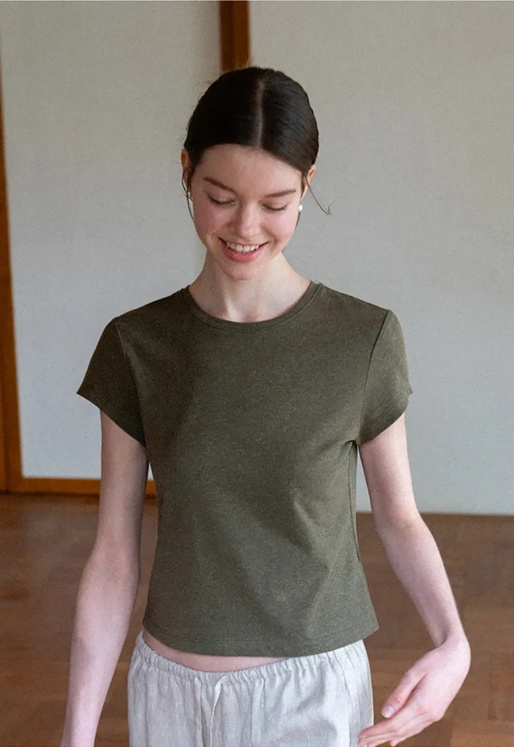 Cropped Sleeve Round Neck T Shirt