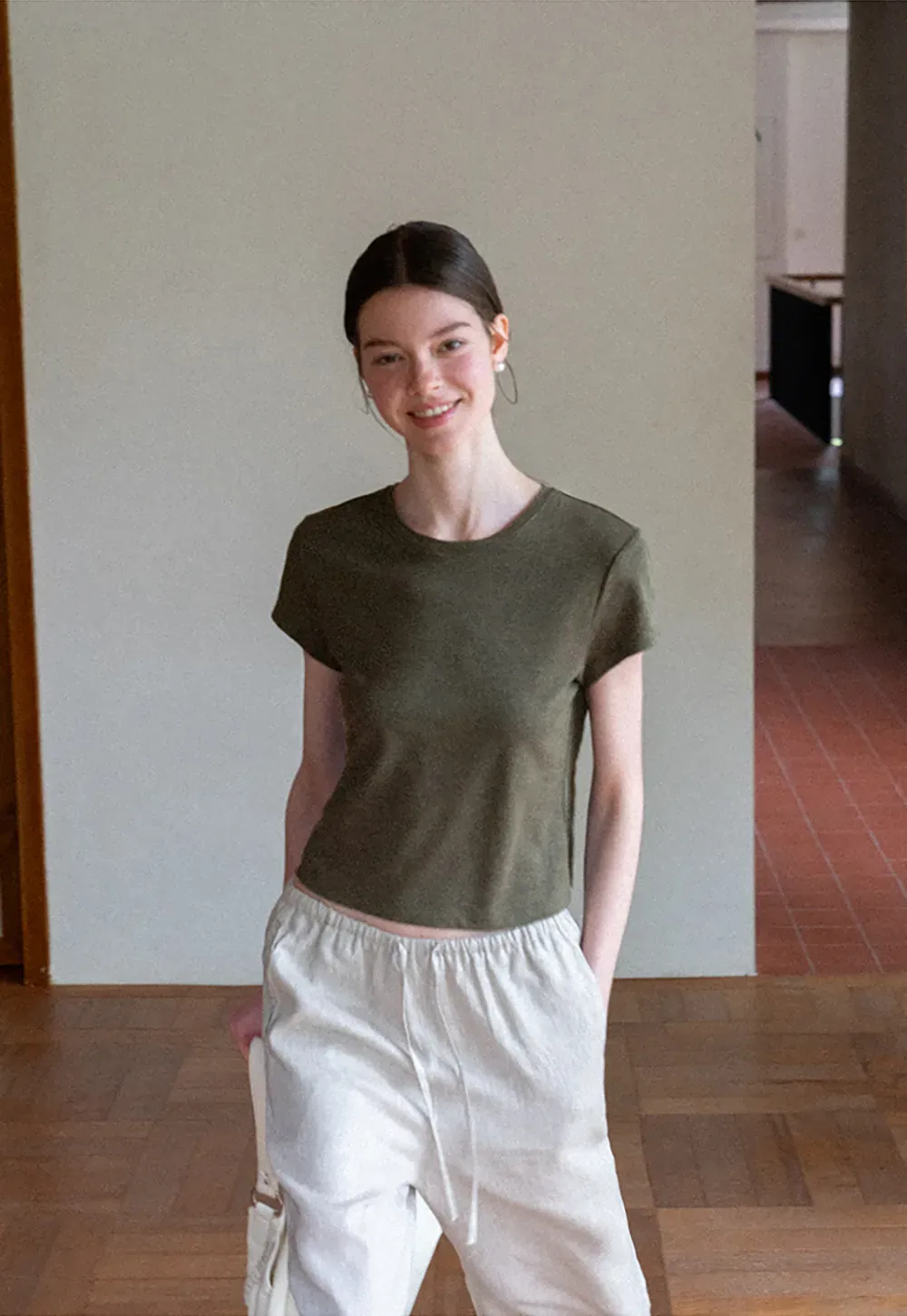 Cropped Sleeve Round Neck T Shirt