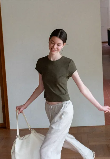 Cropped Sleeve Round Neck T Shirt