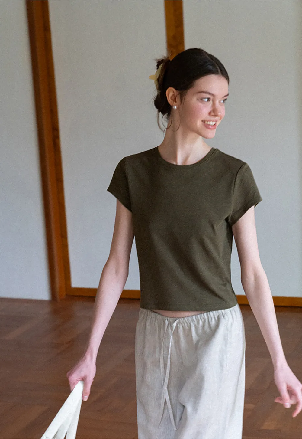 Cropped Sleeve Round Neck T Shirt