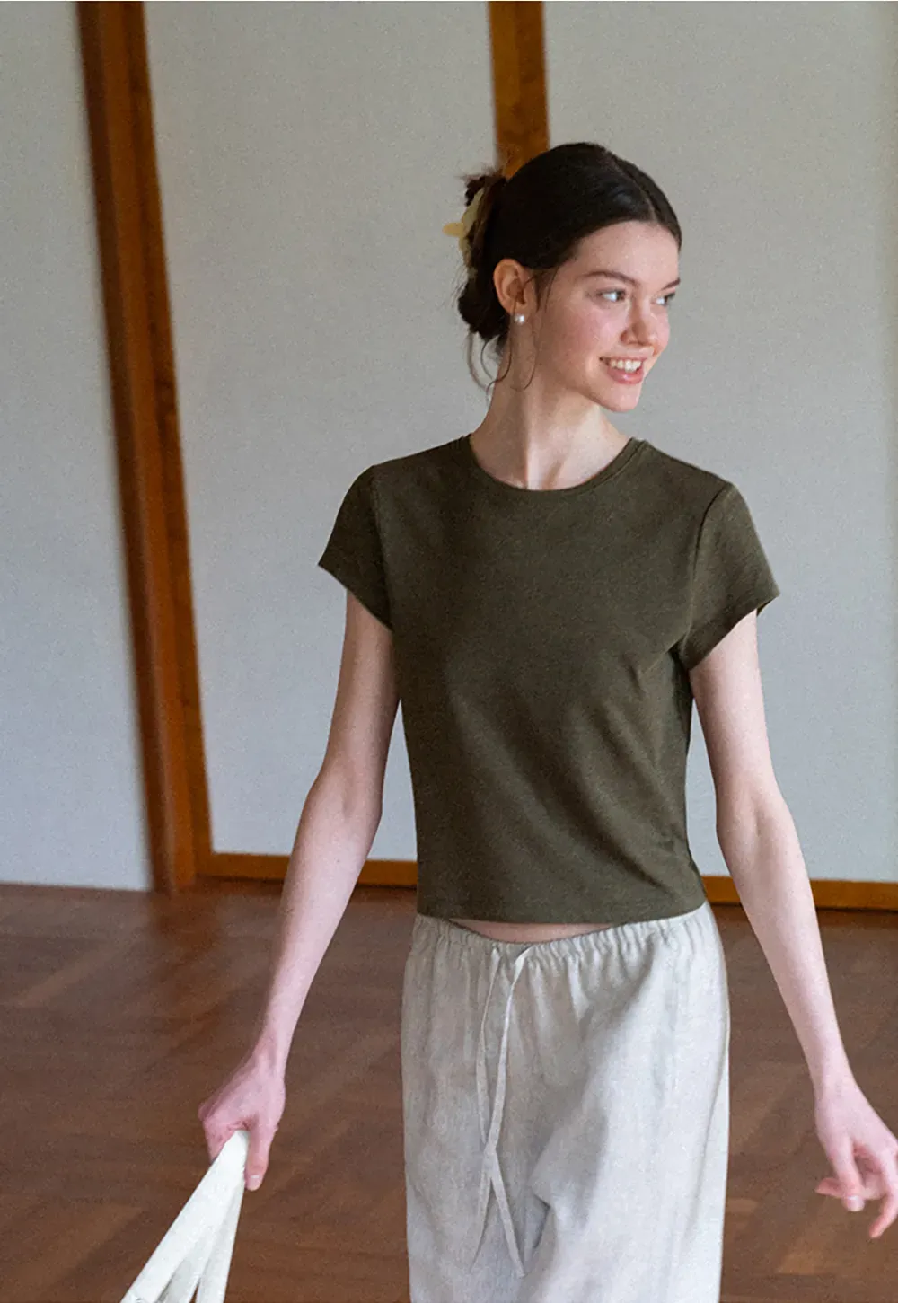 Cropped Sleeve Round Neck T Shirt