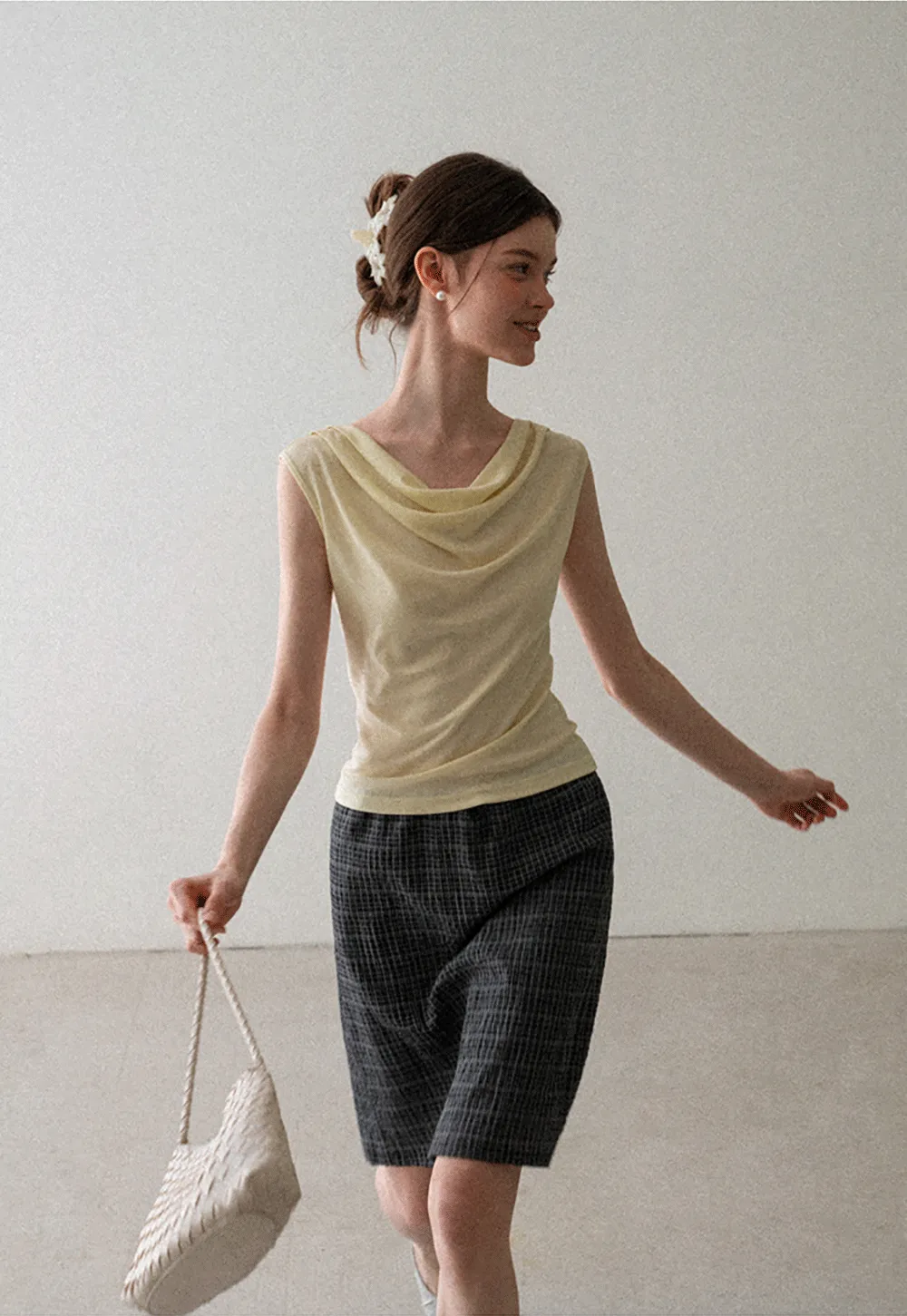 Cowl Neck Sleeveless Ribbed Knit Top