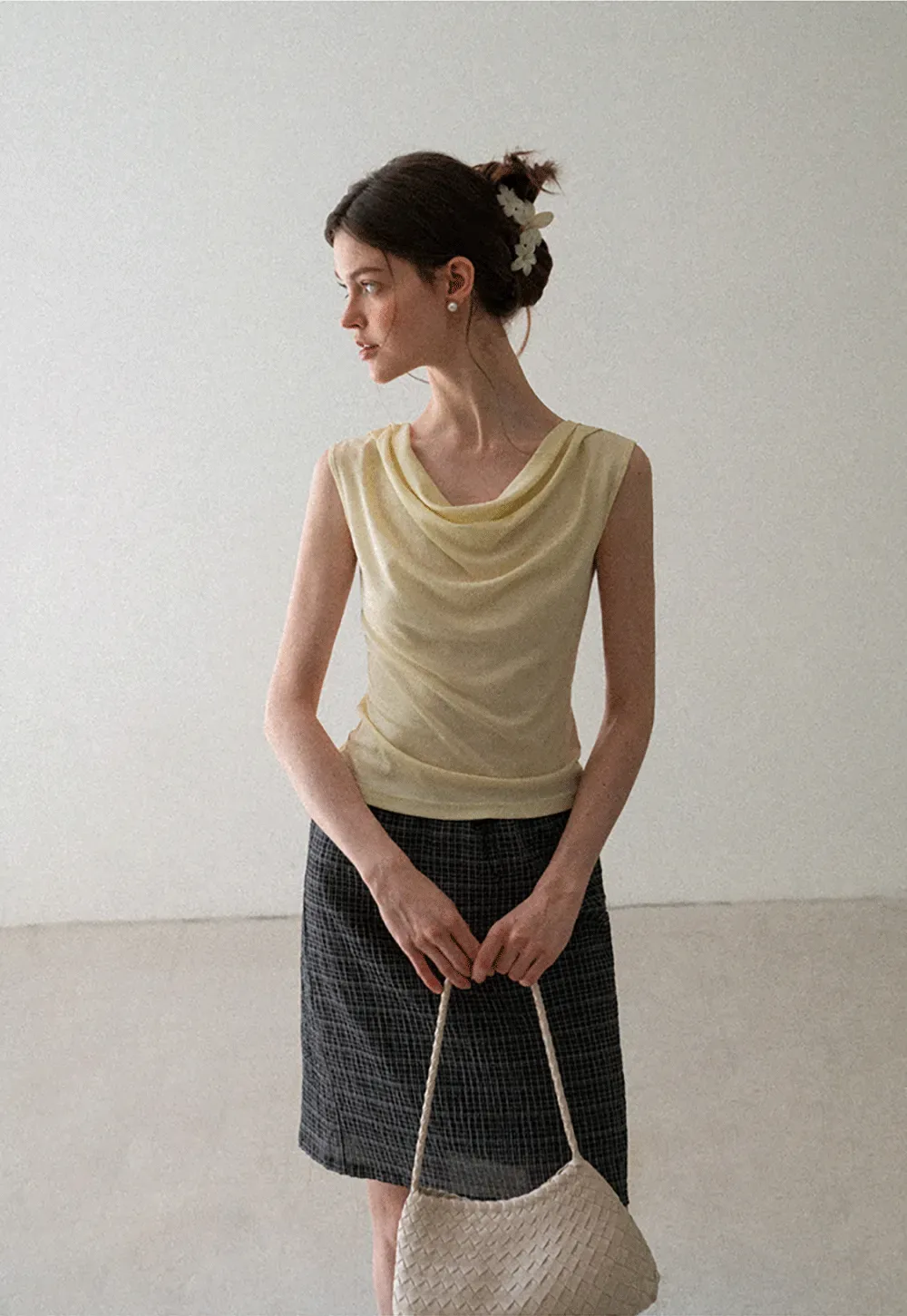 Cowl Neck Sleeveless Ribbed Knit Top