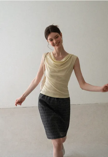 Cowl Neck Sleeveless Ribbed Knit Top