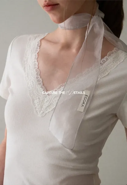 Lace Trim V Neck Short Sleeve T Shirt