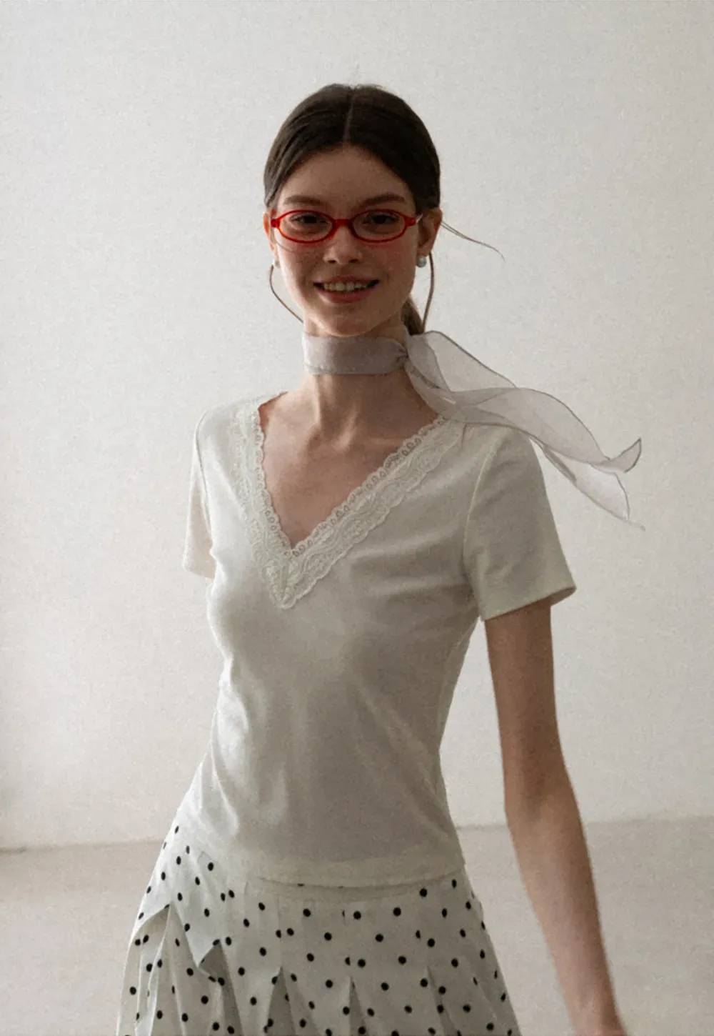 Lace Trim V Neck Short Sleeve T Shirt