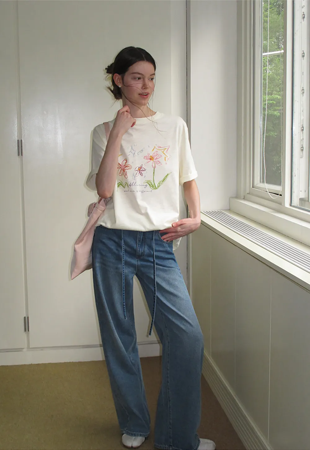 Embroidered Floral Print Oversized T Shirt