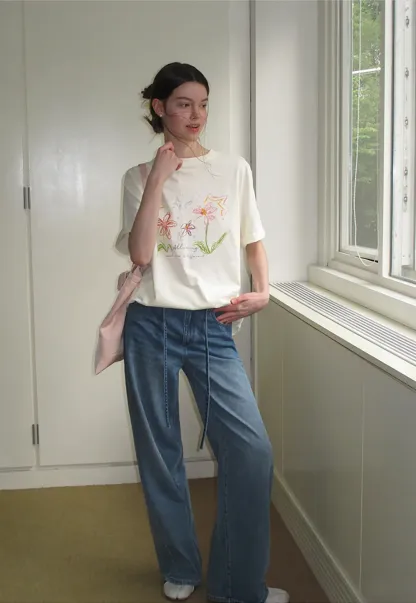 Embroidered Floral Print Oversized T Shirt