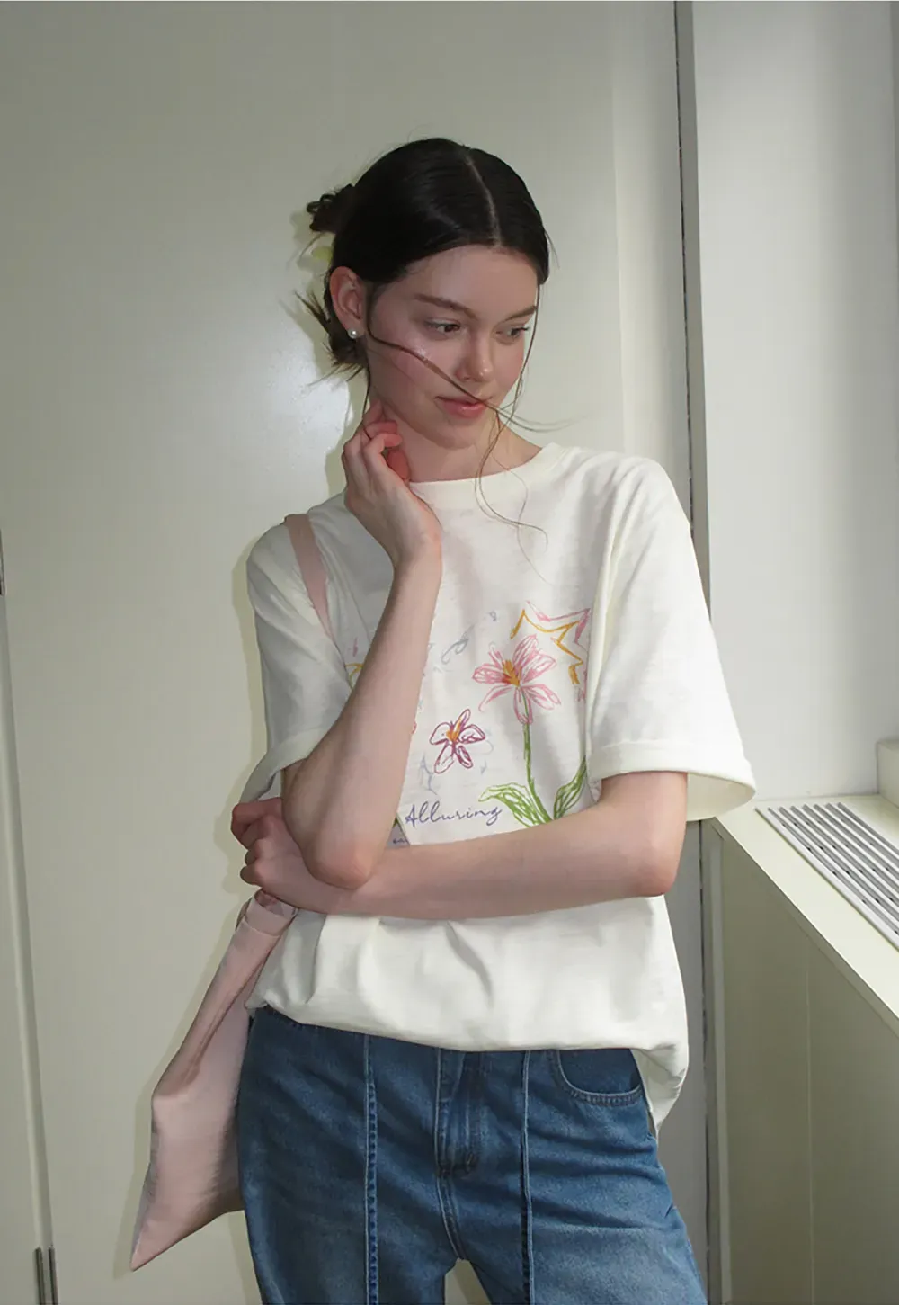 Embroidered Floral Print Oversized T Shirt