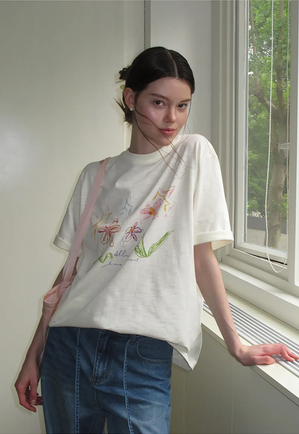 Embroidered Floral Print Oversized T Shirt