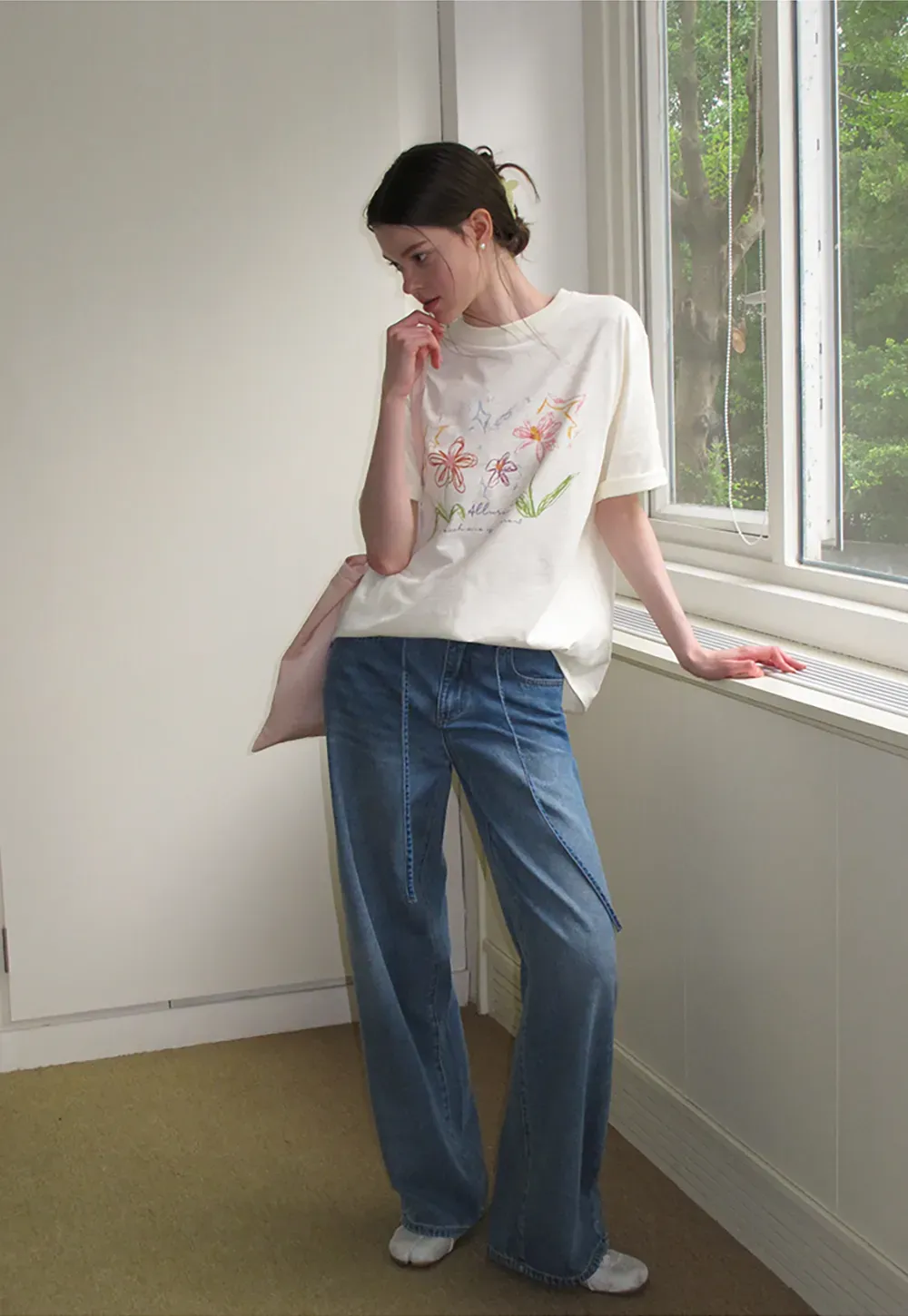 Embroidered Floral Print Oversized T Shirt