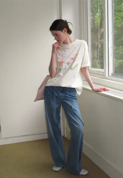 Embroidered Floral Print Oversized T Shirt
