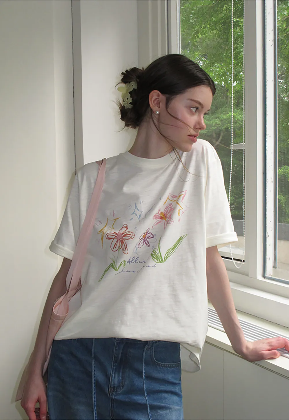 Embroidered Floral Print Oversized T Shirt
