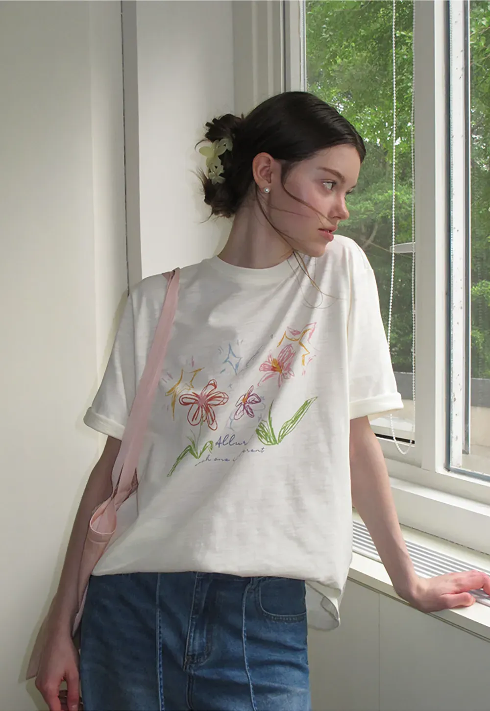 Embroidered Floral Print Oversized T Shirt