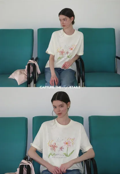 Embroidered Floral Print Oversized T Shirt