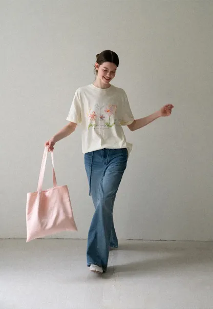 Embroidered Floral Print Oversized T Shirt