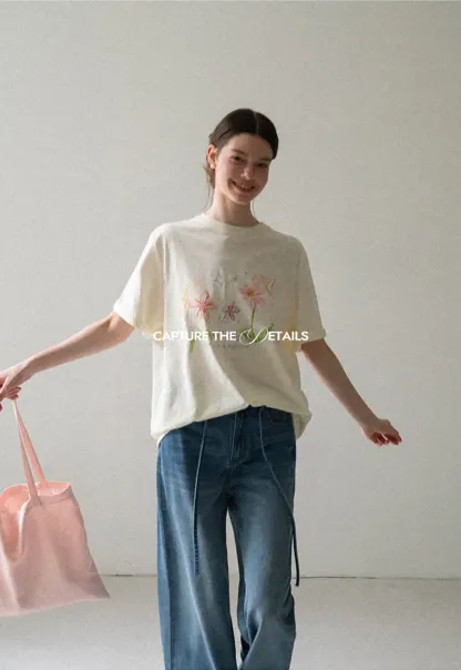 Embroidered Floral Print Oversized T Shirt