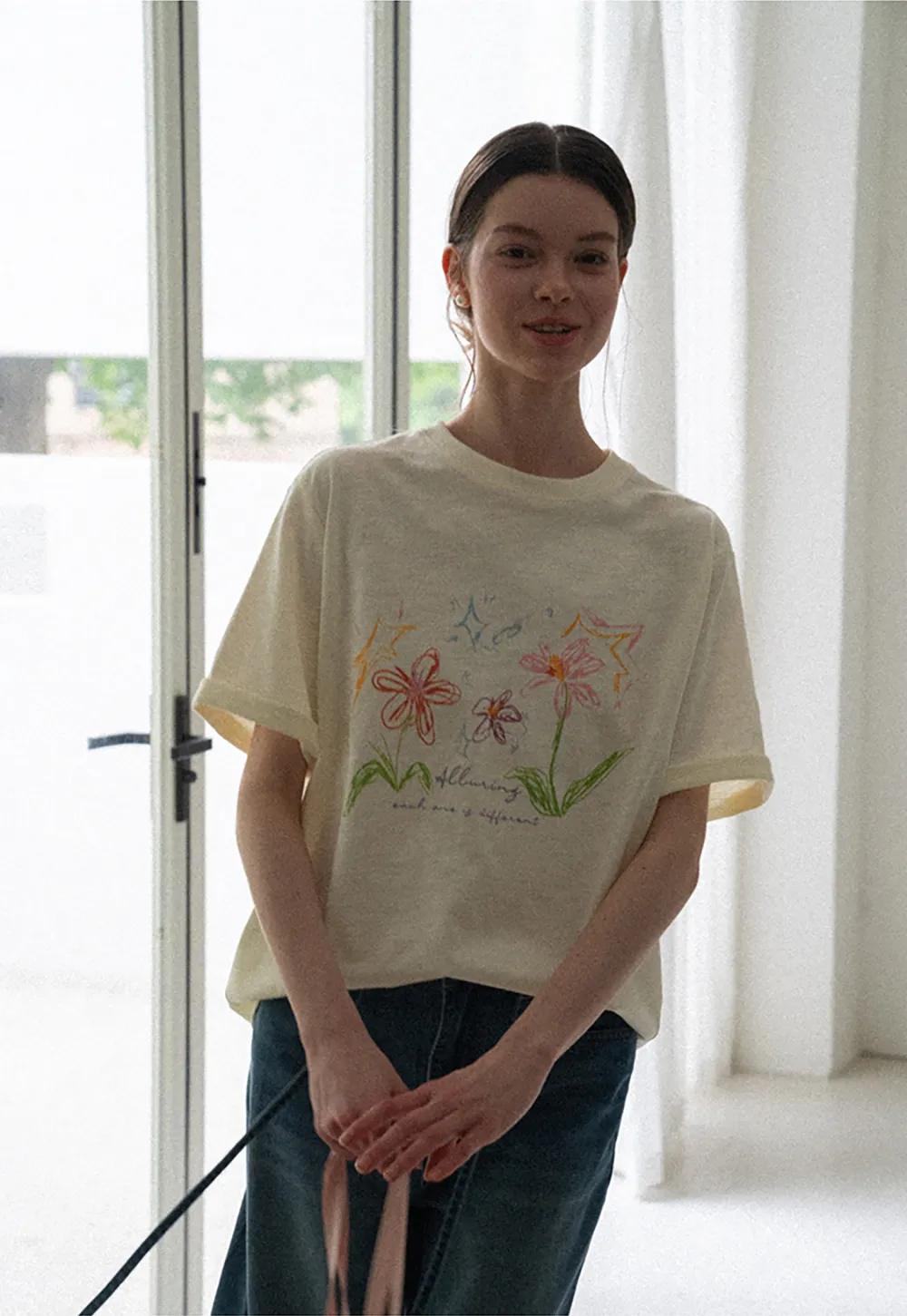 Embroidered Floral Print Oversized T Shirt