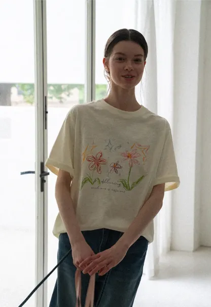 Embroidered Floral Print Oversized T Shirt