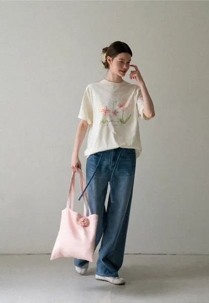 Embroidered Floral Print Oversized T Shirt