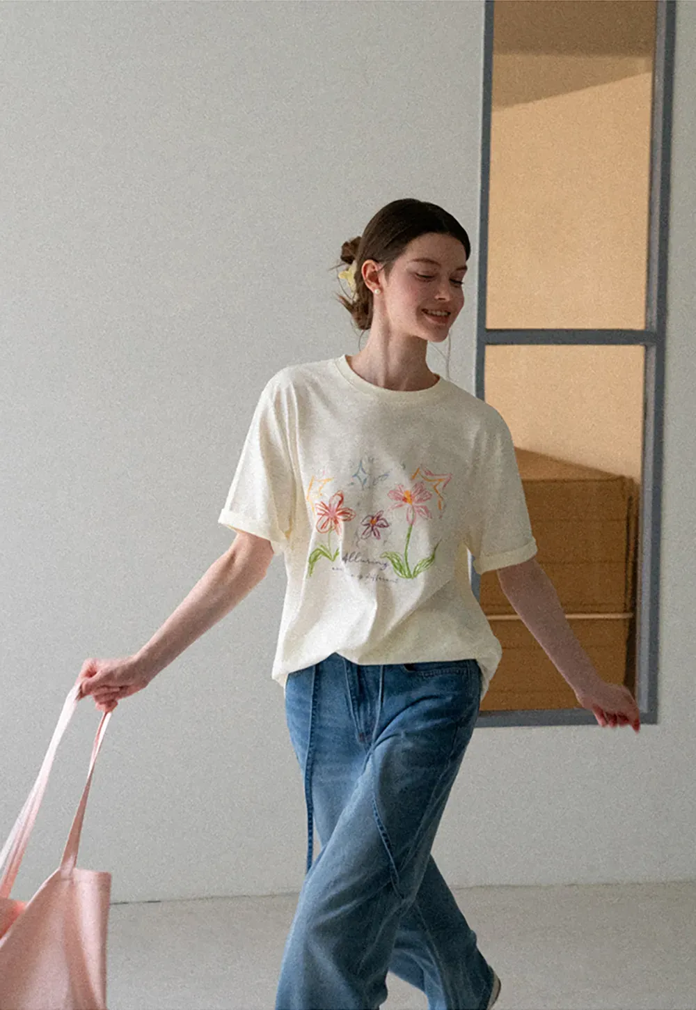 Embroidered Floral Print Oversized T Shirt