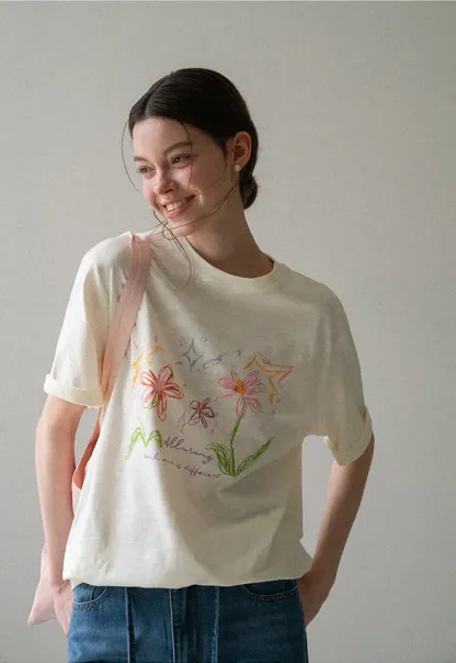 Embroidered Floral Print Oversized T Shirt