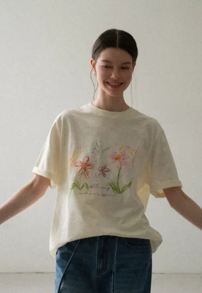 Embroidered Floral Print Oversized T Shirt