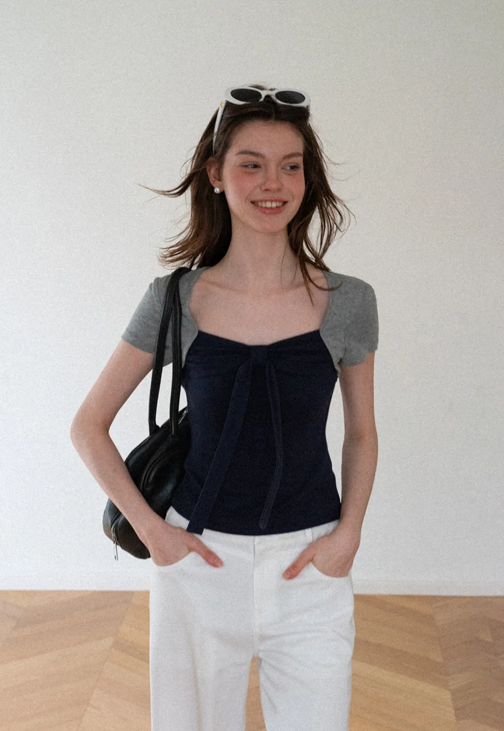 Square Neck Tie Front Short Sleeve Top