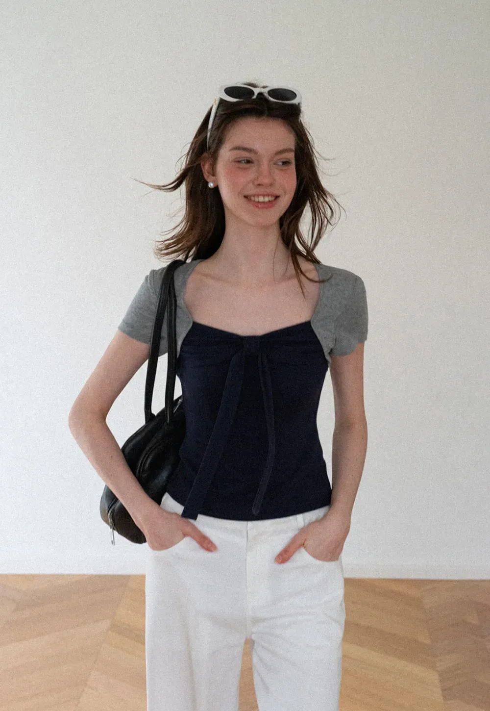 Square Neck Tie Front Short Sleeve Top